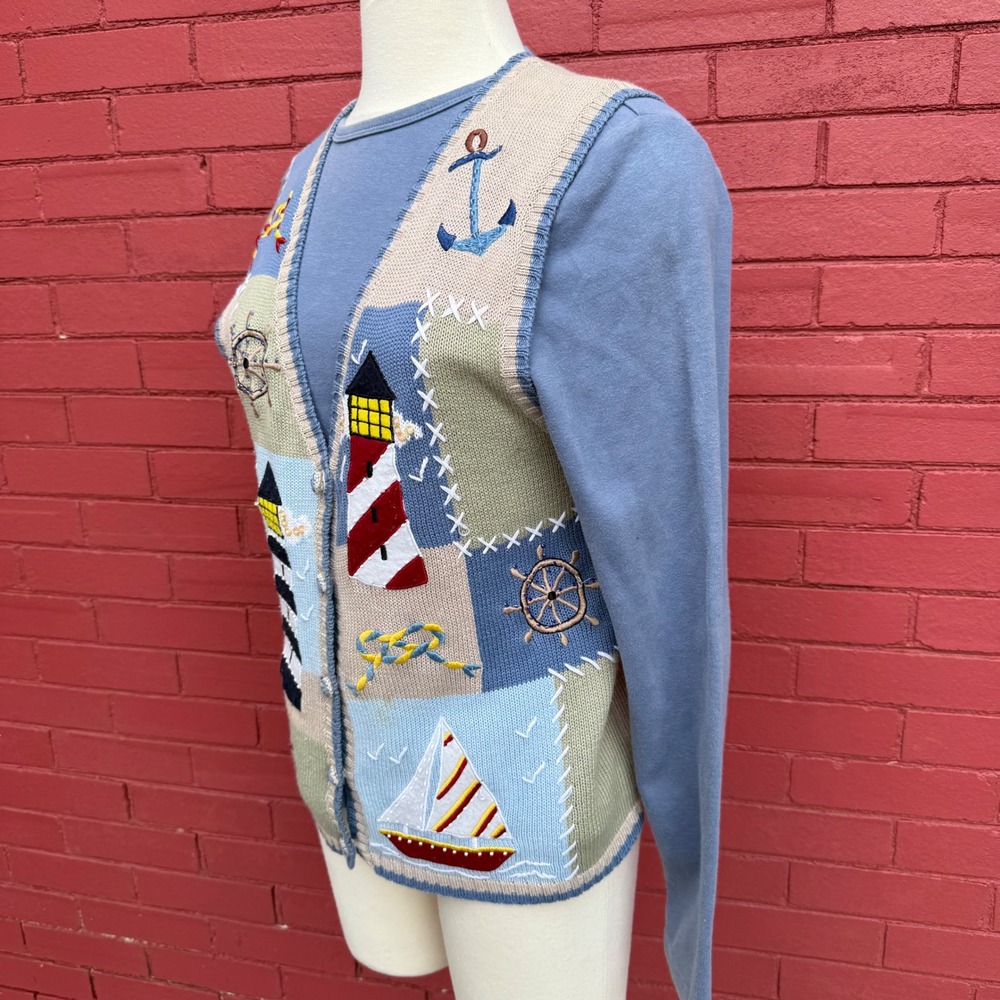 Nautical Knit Cardigan Vest Womens Medium Sleeveless Coastal Grandma Sailing - Picture 4 of 9